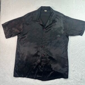 ODO Dragon Print Satin Button Up Shirt Mens XL Black Red Short Sleeve Y2K